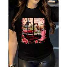 ropa de mujer Camiseta de Mujer con Estampado de Vaquera del Oeste - Manga Corta, Cuello Redondo, Estilo Casual con Diseño de Botas y Caballos, Cactus Rosados y Corazones Rojos - Texto Vaquera San Valentín/Howdy - Camiseta Blanca para Primavera, Verano, Otoño, para Fiestas Temáticas del Campo, Atuendos de Rancho, camisas de mujer - Negro - Ver 1