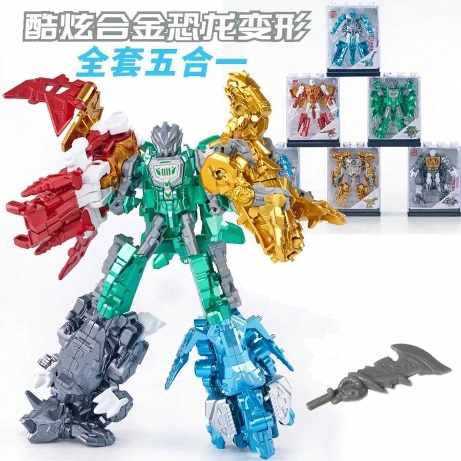 Robot de Aleación Cinco en Uno, Dinosaurio Transformable, Modelo de Ensamblaje, Juguete Educativo para Niños, Tiranosaurio Rex - E - Ver 1