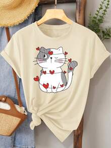 1pc Women's Plus-size Top Series with Heart-shaped Cat Print: Soft, Cute, and Charming Style, Casual Fashion with a Vintage Vibe, Perfect for Spring Leisure and Sportswear. Round-neck Short-sleeve T-shirt Available in Sizes 1XL to 5XL - Albaricoque - Ver 1