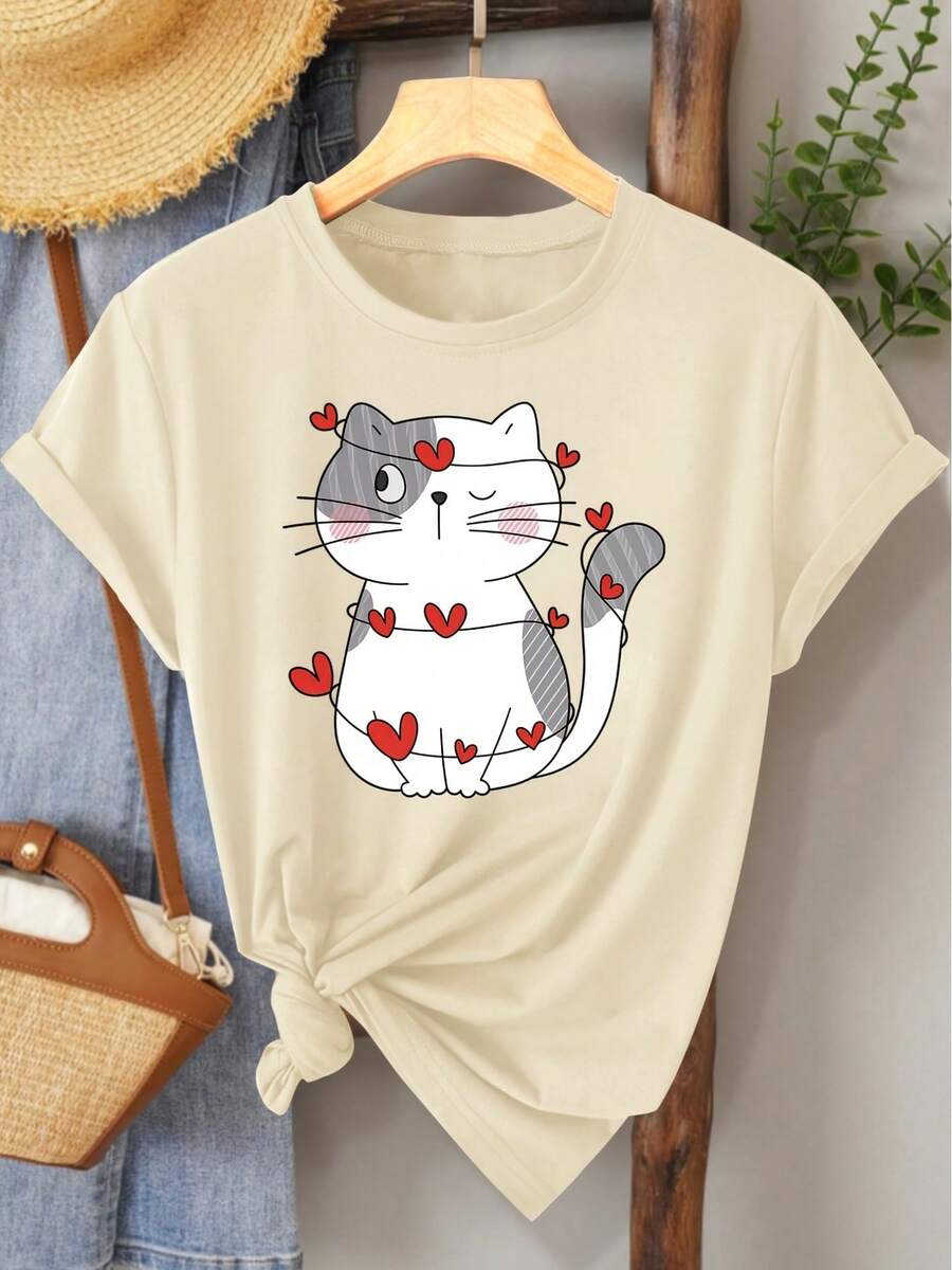 1pc Women's Plus-size Top Series with Heart-shaped Cat Print: Soft, Cute, and Charming Style, Casual Fashion with a Vintage Vibe, Perfect for Spring Leisure and Sportswear. Round-neck Short-sleeve T-shirt Available in Sizes 1XL to 5XL - Albaricoque - Ver 1