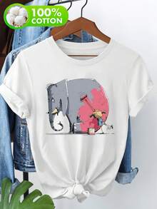 Camiseta 100% estampada con temática de exteriores, camiseta de manga corta para mujer, camiseta casual con estampado de patrón creativo de elefante pintor - Blanco - Ver 6