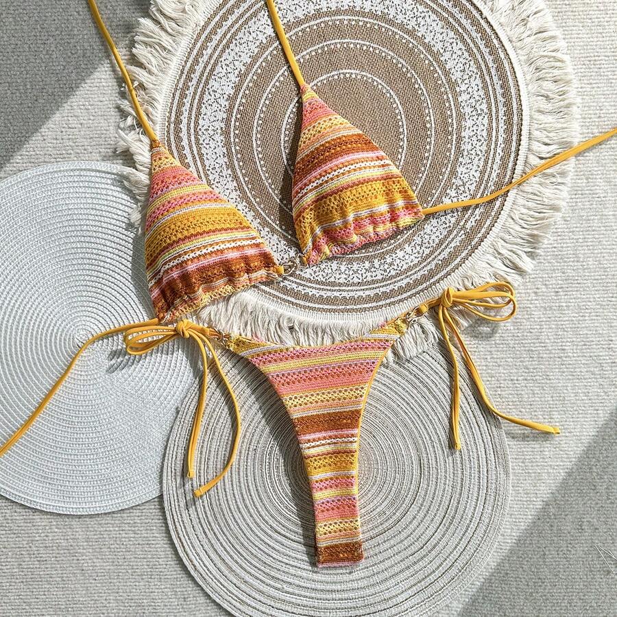 Bikini Sexy para Mujer de Dos Piezas, Diseño a Rayas con Contraste de Color – Estilo Playa 2026 - Z26032 Amarillo - Ver 1