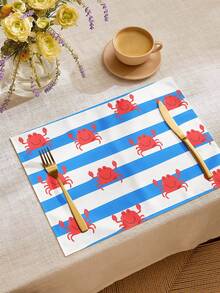1件卡通红色螃蟹条纹图案亚麻桌旗/餐垫，适用于节日、派对、生日、晚餐、厨房和餐厅装饰、鞋柜罩、四季家居装饰和纺织品 - 彩色 - 查看 3