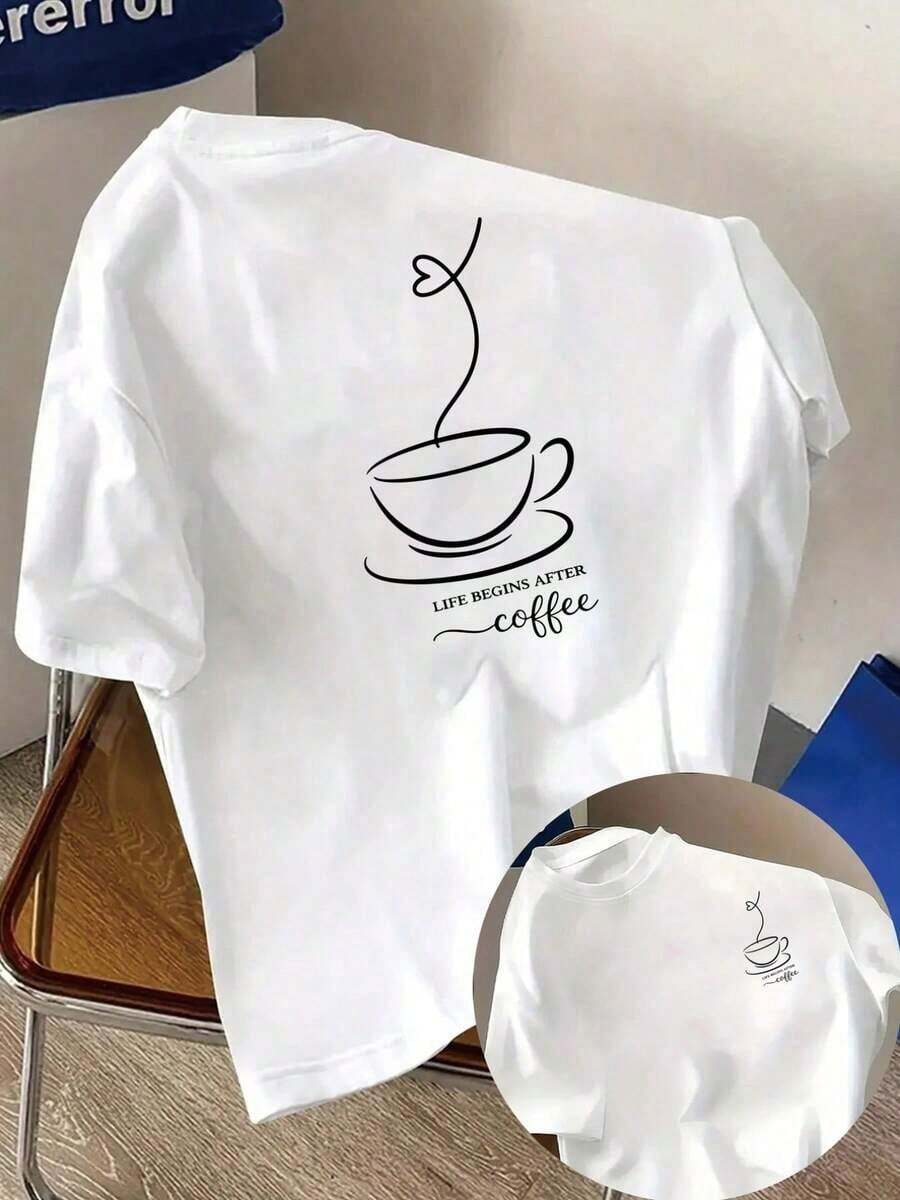 Camisetas de talla grande para mujer, de manga corta, estilo casual, con estampados modernos - "Coffee Time, Life Begins With Coffee". Camisetas estampadas de primavera y verano para mujer, artículo de moda, transpirables y cómodas. - Blanco - Ver 1