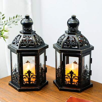 Set Of 2 Vintage Decorative Lanterns 24 Cm H Hanging Lantern Metal Candle Holder With Tempered Glass For Indoor Outdoor Home Decor Parties Garden Patio FarmhouseTabletop Events Wedding(Black)