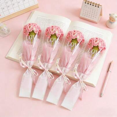 1 Set Of 6 Handmade Crocheted Carnation Flower Bouquet, Lifelike Artificial Flower Bouquet Gift For Mother's Day, Soft And Healing Crocheted Carnation Flower Bouquet, Never Withered Yarn Woven Flower Bouquet, Individually Packaged With Ribbon, Romantic Small Gift