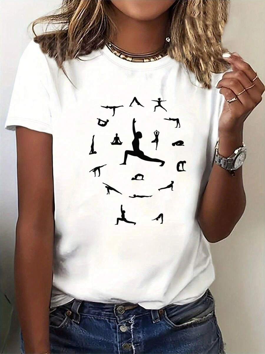 Soft 100% Cotton T-Shirt, Soft Summer T-Shirt For Women - Letter Print T-Shirt - Crew Neck T-Shirt Suitable For Everyday Wear And Machine Washable, Casual Top With Matching Outfits. Breathable Cotton T-Shirt, Goes With Everything. - 白色 - 查看 1