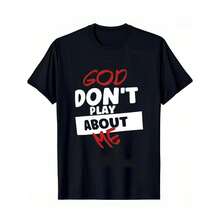 Camiseta Casual de Algodón Talla Grande con Frase Inspiradora 'God Dont Play About Me', Regalo Ideal para Hombres y Mujeres, Entusiastas del Golf, Verano, Algodón, Casual, Manga Corta, Camiseta con Estampado, Suave, Transpirable, Corte Holgado, Ropa Urbana, Uso Diario, Camiseta - Negro - Ver 1