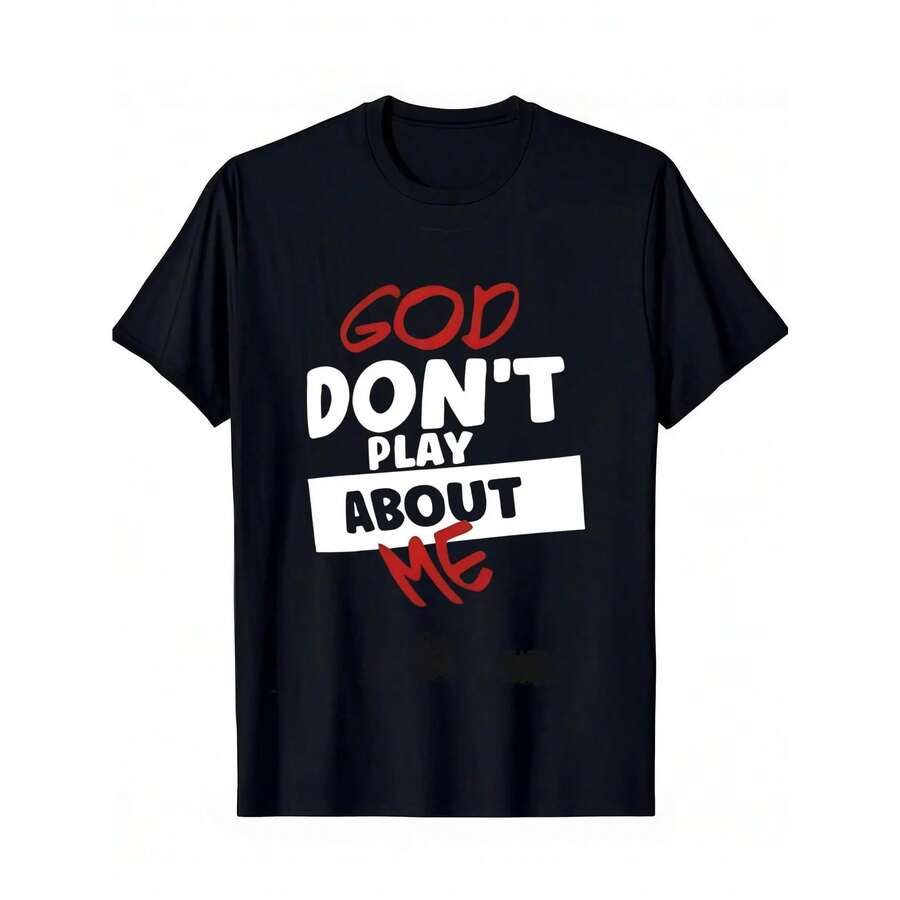 Camiseta Casual de Algodón Talla Grande con Frase Inspiradora 'God Dont Play About Me', Regalo Ideal para Hombres y Mujeres, Entusiastas del Golf, Verano, Algodón, Casual, Manga Corta, Camiseta con Estampado, Suave, Transpirable, Corte Holgado, Ropa Urbana, Uso Diario, Camiseta - Negro - Ver 1