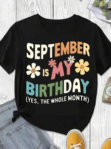 Elegante y casual para mujer, manga corta, linda camiseta con estampado floral para cumpleaños de septiembre, ropa casual blanca para mujer, primavera verano. - Negro - Ver 3