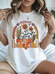 Elegante y casual para mujer, manga corta, camiseta de trabajador social, diseño floral, apoyo al Día Nacional del Trabajo Social, empoderamiento del defensor social, ropa casual negra para primavera y verano. - Blanco - Ver 8
