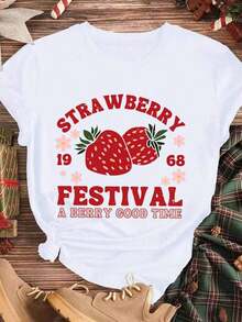 Elegante y casual para mujer, manga corta, camiseta del Festival de Fresas con estampado gráfico "Strawberry Festival A Berry Good Time", ropa casual de verano blanca para mujer. - Blanco - Ver 3
