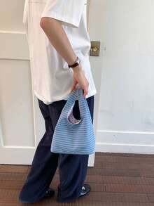 1 pieza Bolso de mano de nailon con parche de cuadros, bolso de mano con parte superior abierta para mujeres, bolso de mano pequeño para uso casual y diario - Azul - Ver 5