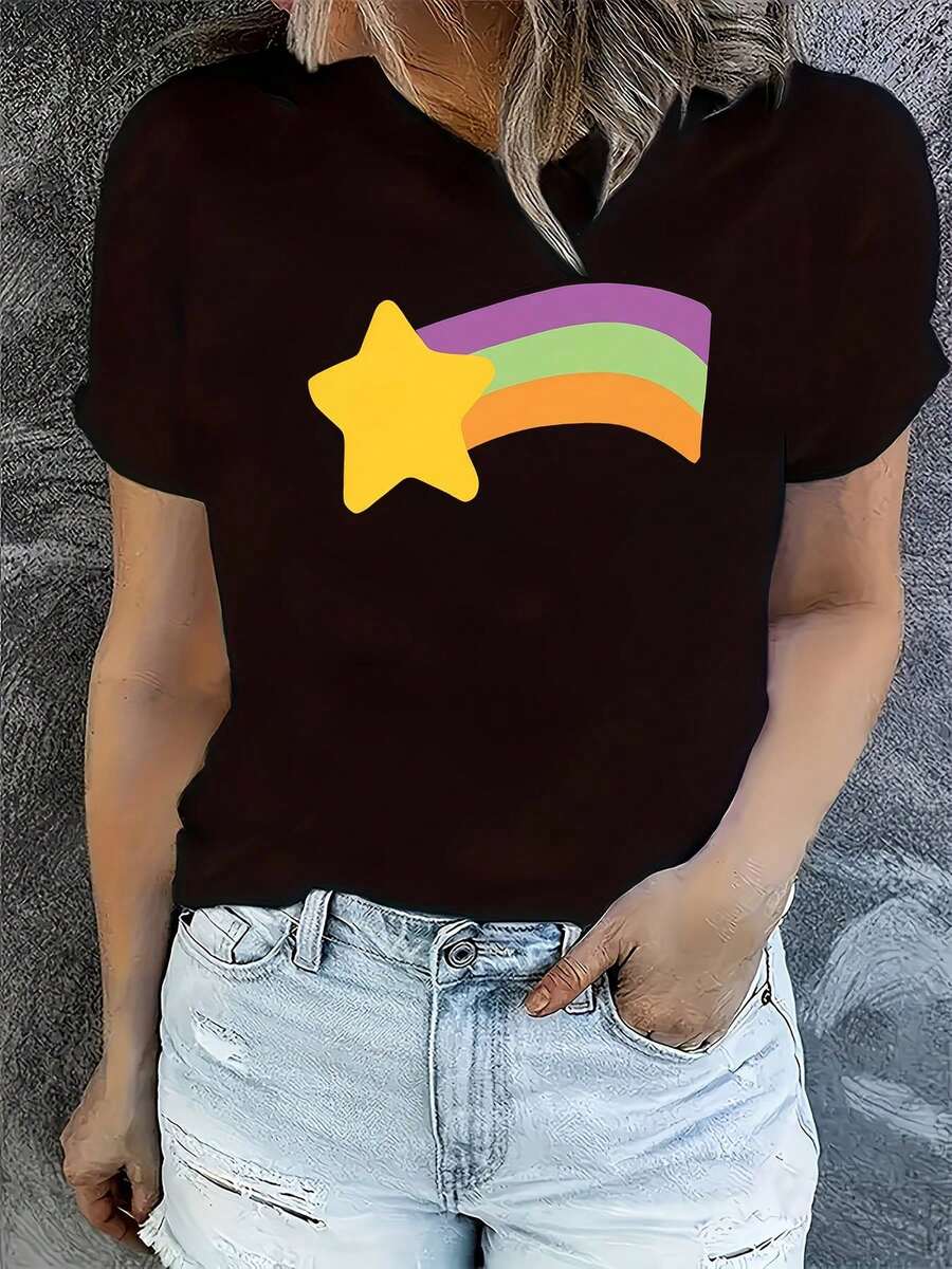 Camiseta de Mujer - Estilo Veraniego Vibrante - Camiseta de Manga Corta para Mujer - Diseño Único con Estampado de Anime, Fácil de Limpiar, Perfecta para Looks Casuales y Deportivos, Tela de Algodón de Alta Calidad, Adecuada para Todas las Temporadas, Múltiples Colores y Tallas Disponibles, Ideal para Fiestas y Salidas - Tops para Mujer - Negro - Ver 1
