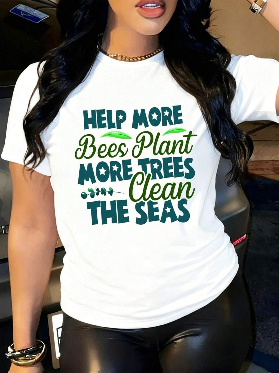Casual Essential salva abejas, planta árboles y limpia el océano. Camiseta estampada para mujer, edición limitada en blanco, ropa casual de manga corta para fines de semana, ropa de primavera y verano, ropa de exterior de moda para el verano, ropa de exterior para primavera y verano, la elección perfecta para el uso diario. Algodón suave para uso diario en verano. - Blanco - Ver 1