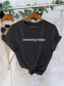 Camiseta de Verano para Mujer de Diseño Simple, Manga Corta, Holgada, con Estampado Moderno, Casual, 180g, Elegante y Práctica para el Verano. - Negro - Ver 6