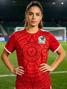 Camiseta de mujer de manga corta con cuello redondo en contraste, ajuste entallado, diseño deportivo con estampado de México y patrón gráfico, estilo casual deportivo, ideal para verano,Moda y camisetas premium - Rojo - Ver 3