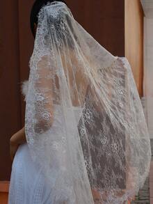 1件装印花波西米亚风涤纶（涤纶）白色蕾丝贴花新娘婚纱头纱，带梳子，优雅短款单层 - 彩色 - 查看 11