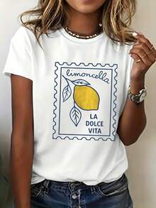 Women's Short-Sleeved T-Shirt With Retro Lemon Print - Soft, Breathable, High-Elasticity, Round Neck - Compatible Top | Loose-Fitting Shirt Suitable For Casual Vacations, College Style, And Spring And Summer Wear. | Machine-Washable Retro Tee, Loose And Comfortable - White - View 2