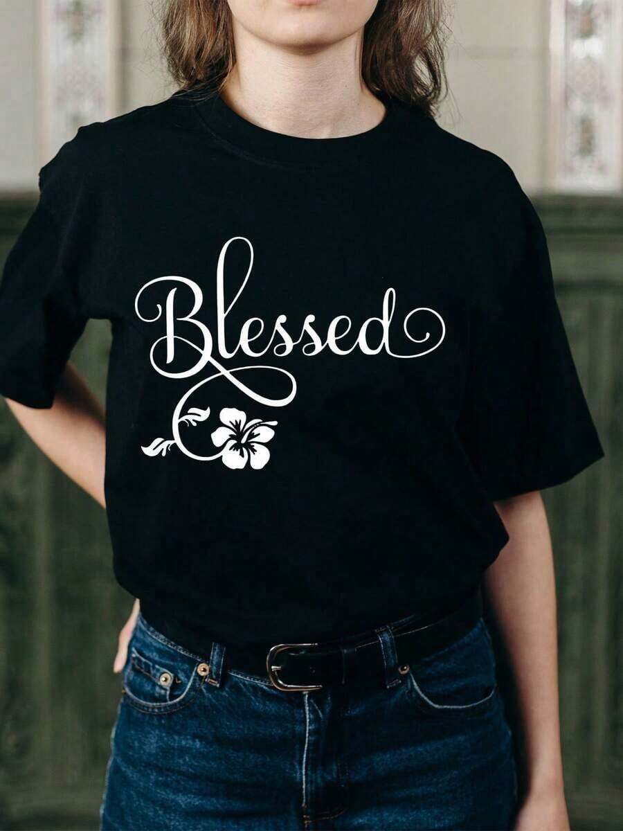 100% algodón, 1 pieza, camiseta negra con estampado floral para mujer, cuello redondo, camiseta casual de algodón, tejido de punto de elasticidad media, corte regular para damas, ideal para primavera/verano/otoño, Pascua/Día de San Valentín/Día de la Madre/Acción de Gracias/Navidad. - Negro - Ver 1