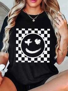 100% cotton Camiseta de manga corta para mujer con diseño de cuadros moderno y estampado de cara sonriente para el verano - Negro - Ver 1
