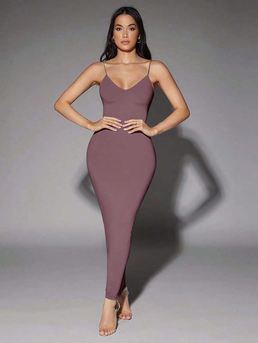 Vestido ajustado unicolor de espalda abierta - Púrpura polvoriento - Ver 1