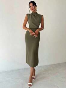 Vestido largo de verano elegante y minimalista para uso diario, viajes y ocasiones casuales, con cuello mao, mangas drapeadas y cintura ceñida, color albaricoque - Verde militar - Ver 3