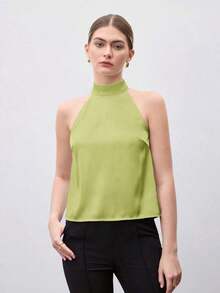 de satén de unicolor para mujer, camisa casual de verano con cuello en V, elegante para la oficina - Verde - Ver 4