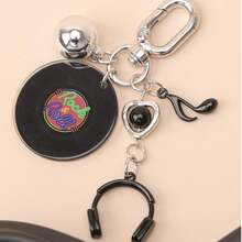 1pc Unisex Music-Themed Double-Sided Personalized Vinyl Record Player Pendant, Alloy Spray Painted Headphone & Music Note Charm, Minimalist Large Round Ball Stylish Creative Bag/Key Chain Accessory - Multicolor - View 5