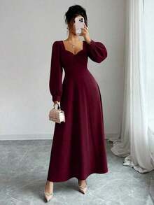YHHElenzga Vestido largo elegante de mujer con cuello cuadrado, mangas abultadas y cintura ceñida, adecuado para el uso diarioYHH - Azul marino - Ver 11