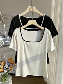 Set de 2 camisetas casuales de mujer con cuello cuadrado y manga corta, ajustadas y sexys, adecuadas para el verano - Blanco y Negro 2 - Ver 10