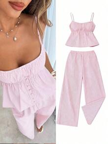 Conjunto de 2 piezas de camiseta de tirantes y pantalones a rayas de moda casual para mujer - Blanco - Ver 9