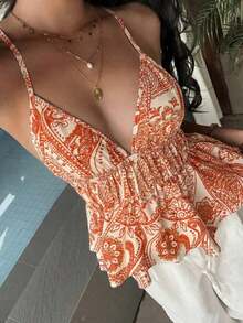 Camiseta sin espalda con volantes y estampado bohemio de verano para mujer - Naranja - Ver 9