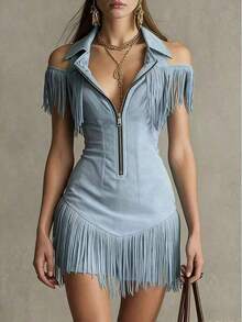 1Women Cold Shoulder Lapel Zipper Front Fringe Bodycon Mini Dress - Blue - View 5
