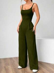 Mono holgado de unicolor y espalda descubierta de verano sexy - Verde militar - Ver 4