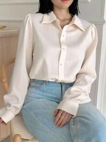 Blusa suelta de unicolor con cuello vuelto y pliegues para mujer, color morado, para primavera/verano/otoño, ropa de mujer de manga larga - Blanco - Ver 5