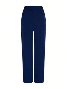 Conjunto de uniforme de pijama de unicolor con parches, cuello en V y manga corta - Azul marino - Ver 4