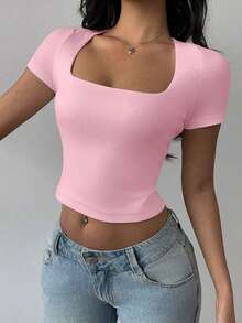 Top corto ajustado de mujer de punto con cuello convertible de unicolor - Rosa Pálido - Ver 4