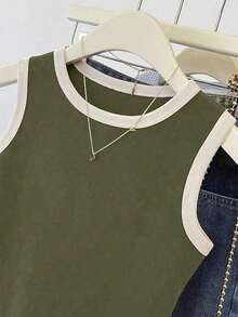 Blusa de verano de talla grande para mujer, de estilo casual con bloques de color y patchwork - Verde militar - Ver 3