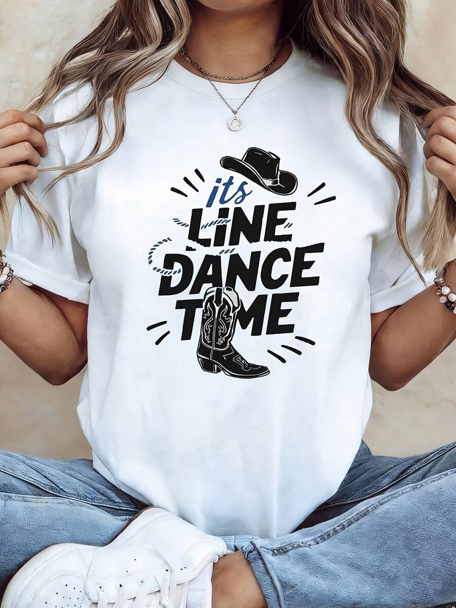 Ropa de mujer: Camiseta de talla grande, estilo country occidental, con estampado de sombrero y botas de vaquero de LINE DANCE TIME, camiseta blanca de manga corta y cuello redondo - lavable a máquina, adecuada para primavera, verano y otoño, estilo casual, ajuste cómodo, diseño moderno, versátil para uso diario, tela suave, estilo a la moda. - Blanco - Ver 1
