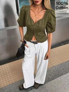 Blusa de mujer con cuello de corazón, mangas abullonadas y cintura entallada en unicolor.Ideal para días de playa, ir al trabajo, cumpleaños y citas - Verde militar - Ver 5