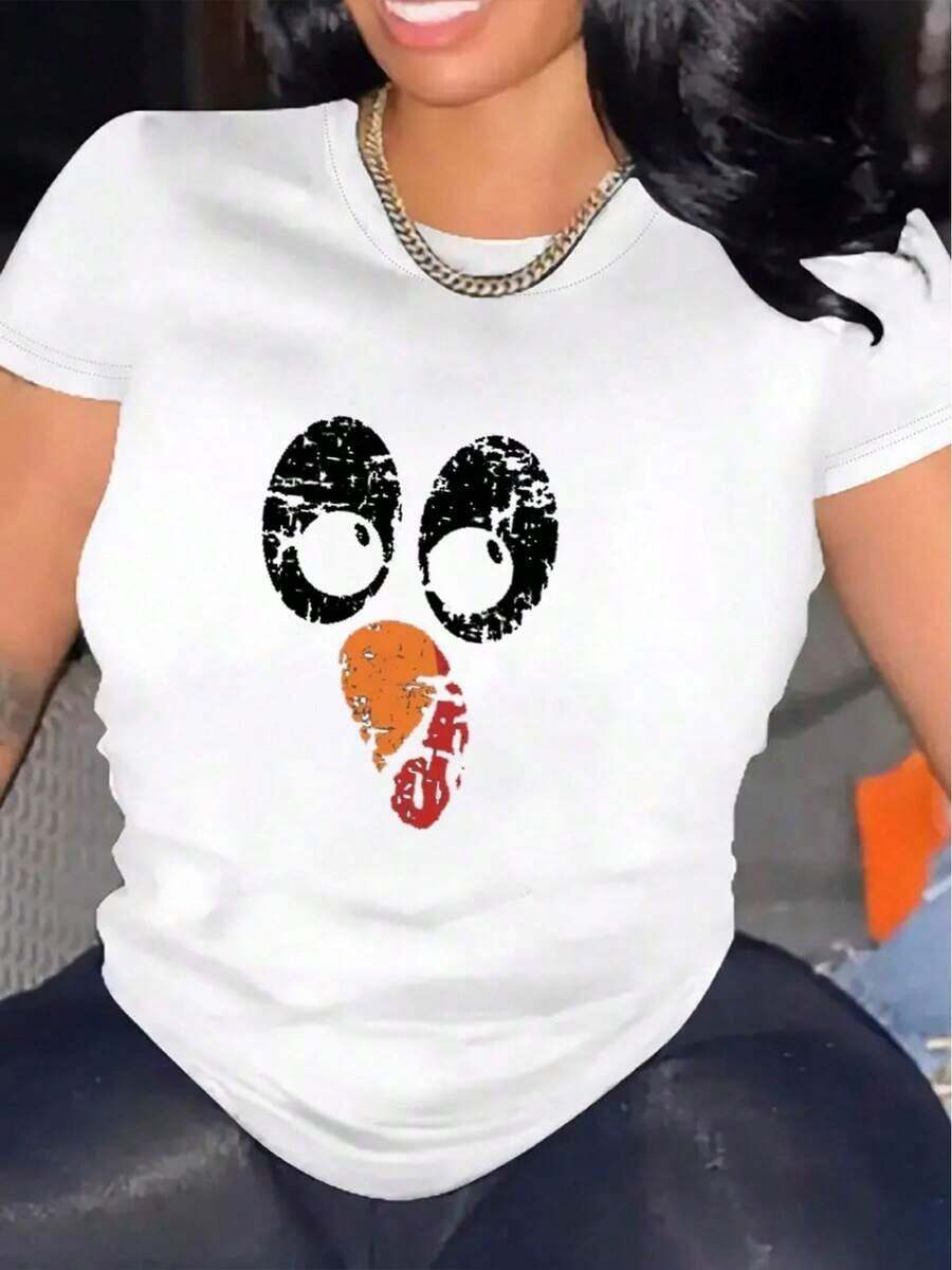 Camiseta de manga corta para mujer, camiseta casual de manga corta, 1 pieza, cuello redondo cómodo y resistente, camisetas suaves y adorables. - Blanco - Ver 1