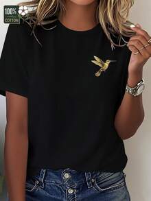 Camiseta de Mujer Pure con Perfil de Colibrí Estilizado Dorado | Corte Cómodo, Cuello Redondo, Estilo Casual, Tejido Ligeramente Elástico, Para Todas las Estaciones - Negro - Ver 2