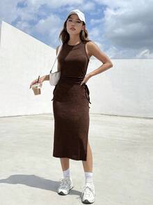 Vestido negro de verano con abertura lateral con cordón y recorte en el muslo - Marrón Chocolate - Ver 8