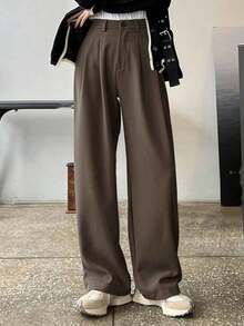 Pantalones de pierna ancha con detalle de plisado de cintura alta, pantalones de vestir para mujer, ropa de vuelta al colegio para otoño - Marrón 2 - Ver 10