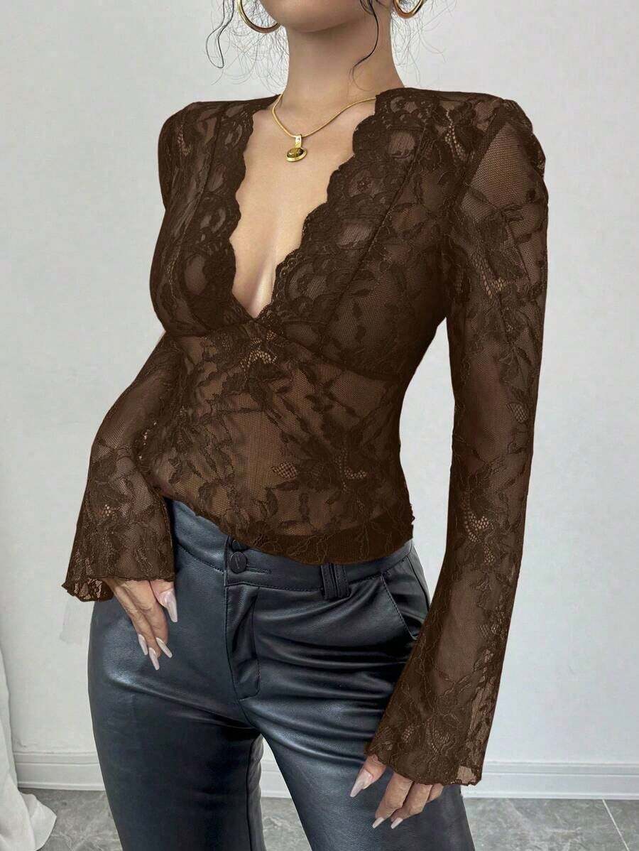 Blusa de encaje negro con cuello en V y mangas acampanadas con parche de encaje para mujer - Óxido marrón - Ver 1