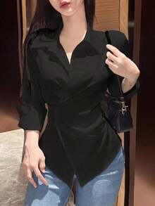 Blusa larga de manga larga con nudo de mujer, color liso, camisa de mujer para primavera y otoño, blusas de manga larga - Negro - Ver 1