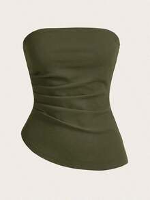 Blusa de mujer de algodón al 95% de color albaricoque, de estilo minimalista y casual, adecuada para el verano - Verde militar - Ver 6