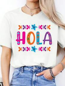 Women's Casual Short Sleeve Sports T-Shirt With Round Neck And Spanish Letter Print, Spring-Summer - [白色的] - 查看 6