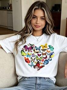 Camisetas Casuales para Mujer, Camiseta Casual para Mujer con Estampado de Corazón y Mariposas, Diseño de Mariposas Coloridas, Top de Cuello Redondo en Blanco y Negro para Moda Primavera Verano, Camiseta Cómoda de Corte Holgado, Camiseta para Mujer, Estilo Y2K, Camisetas de Moda de Verano, Conjuntos y Tops Casuales de Streetwear. - Blanco - Ver 4